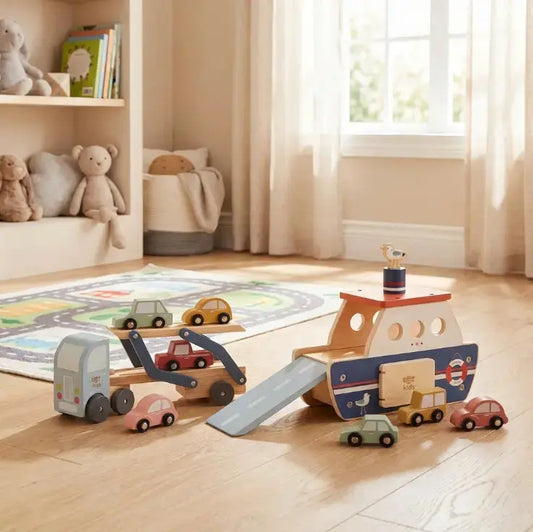 Autofähre und Auto-Transporter aus Holz mit mehreren Fahrzeugen im Kinderzimmer