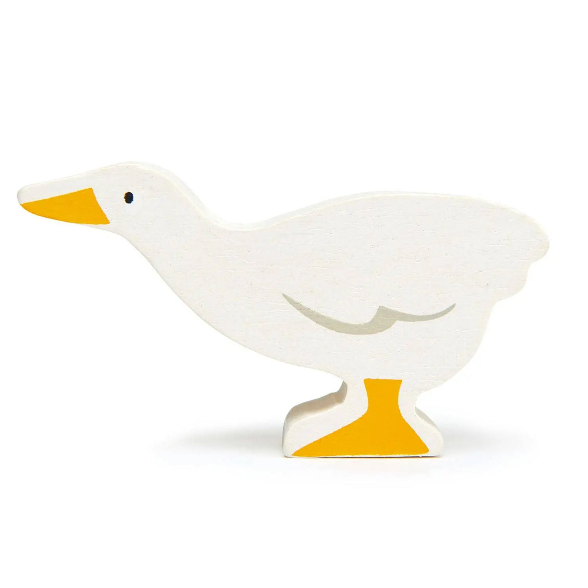 Weisse Gans aus Holz mit gelbem Schnabel und Füssen als Spielfigur für Bauernhof und Tierwelten.