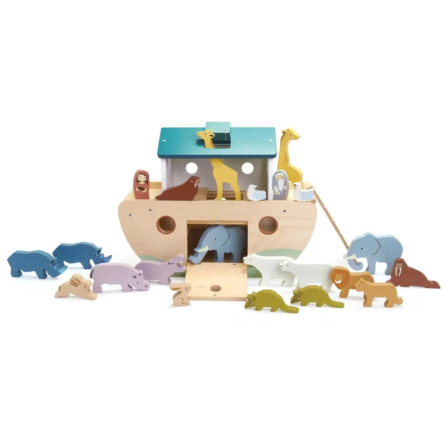 Holz Arche Noah mit Tierfiguren rund um das Schiff