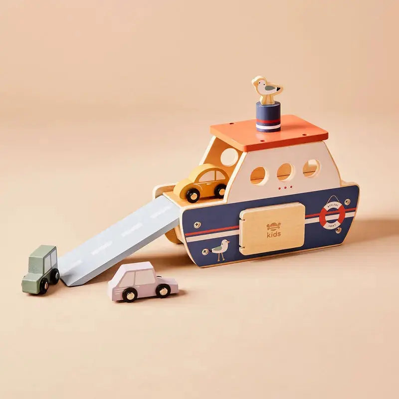 Holz Autofähre mit Rampe und Fahrzeugen aus dem Geschenkset