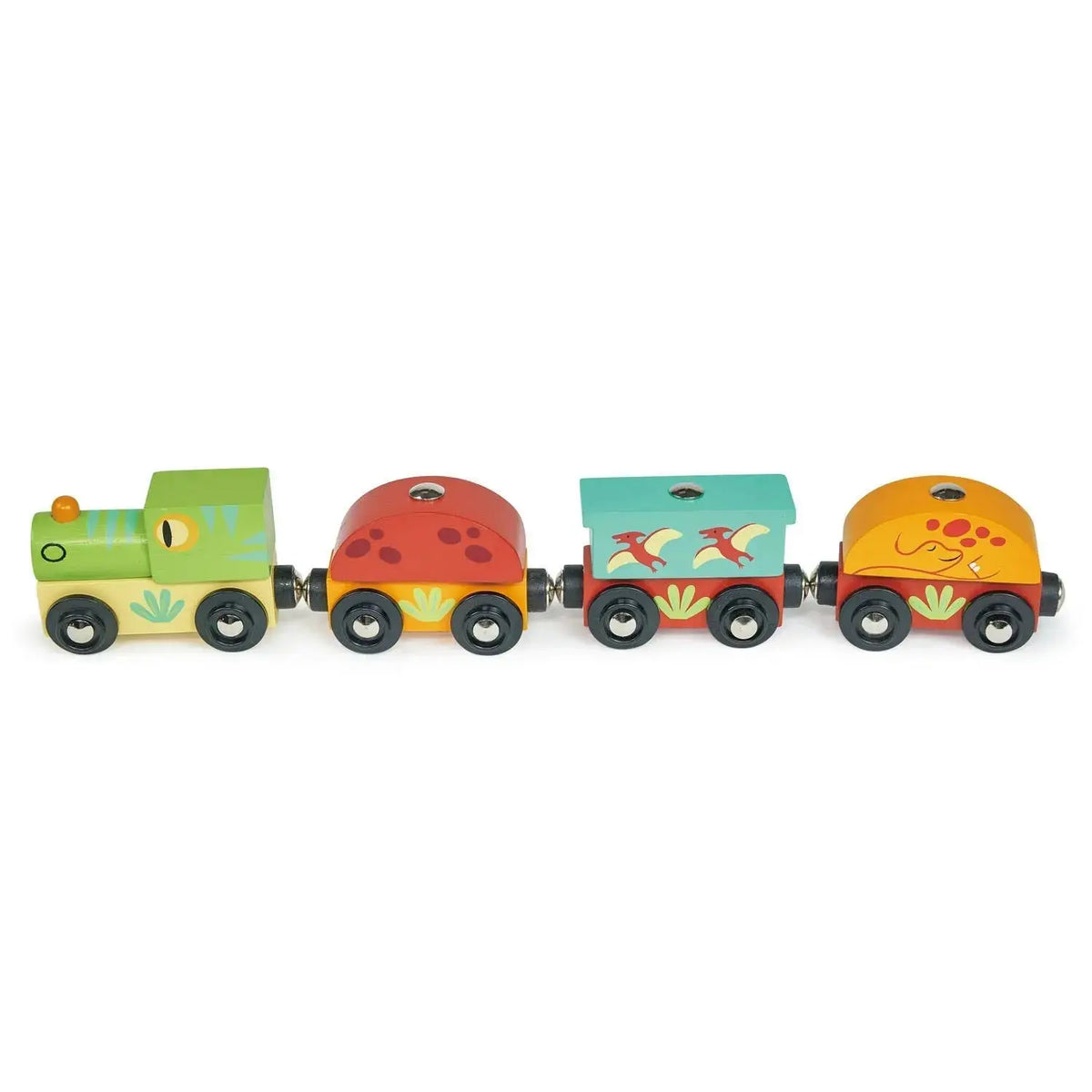 Holz Dinosaurierzug mit Lok, drei Wagen und bunten Dinosaurierfiguren
