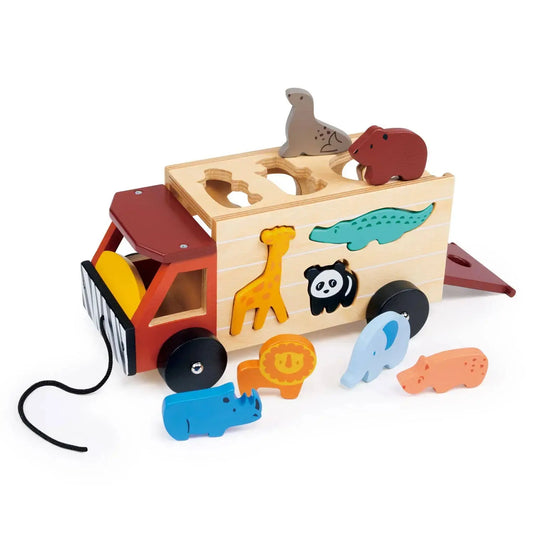 Safari Jeep aus Holz mit herausnehmbaren bunten Tierfiguren