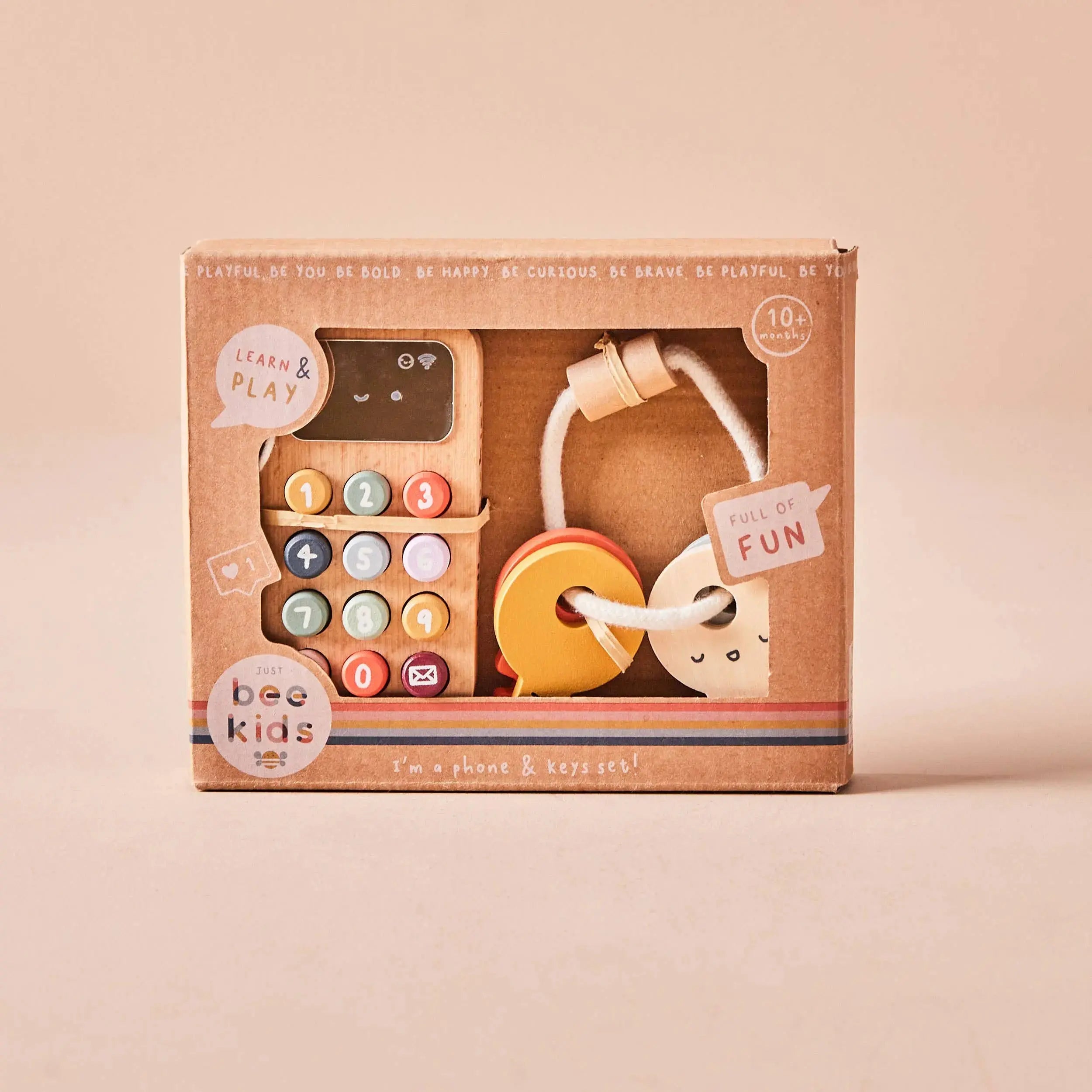 Holz Spielzeugset mit Telefon und Schlüsseln in der Produktverpackung