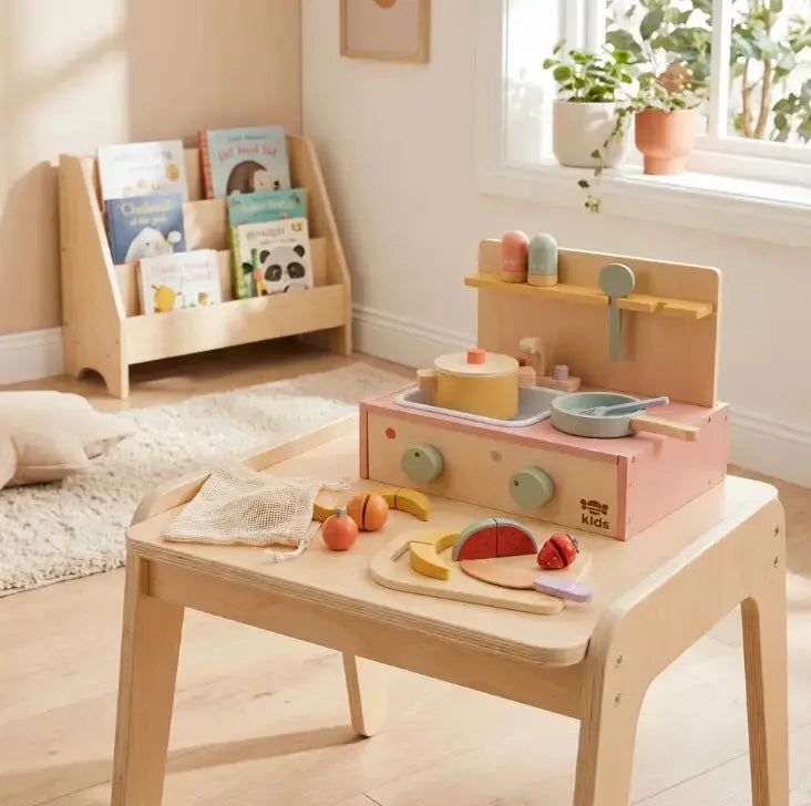 Holzspielküche mit Schneidebrett und Früchten im eingerichteten Kinderzimmer
