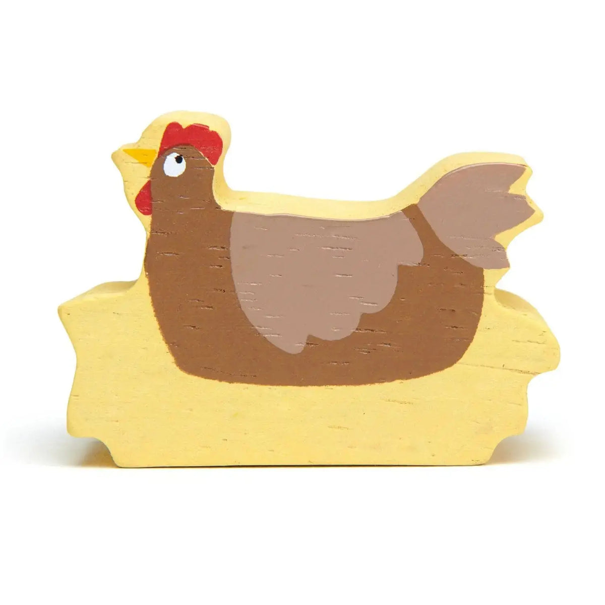 Huhn in warmen Naturtönen mit rotem Kamm als liebevoll gestaltete Holzfigur für den Bauernhof.