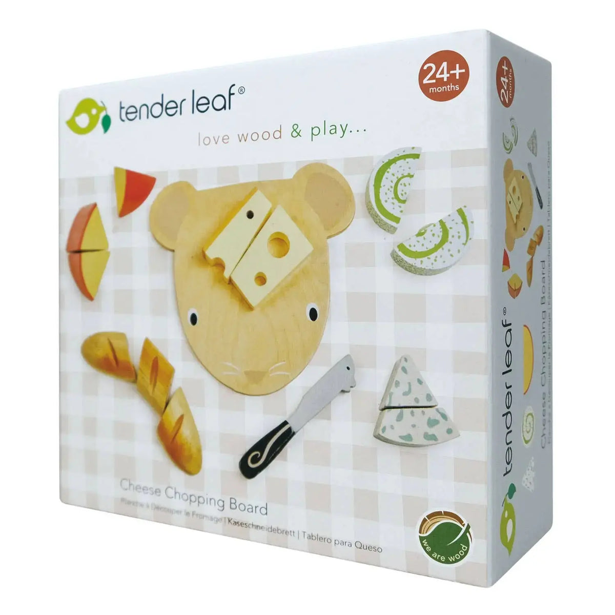 Verpackung des Käse-Schneidebretts mit Abbildung der enthaltenen Lebensmittel und Zubehörteile.