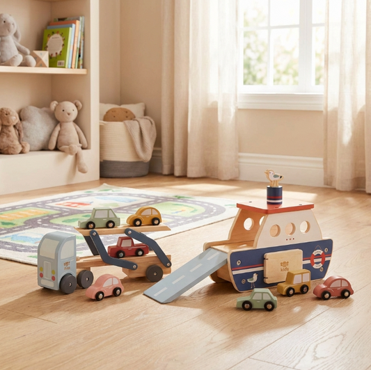 Nachhaltiges Kinder Geschenkset Holzfähre mit Autotransporter und Fahrzeugen, ab 12 Monaten