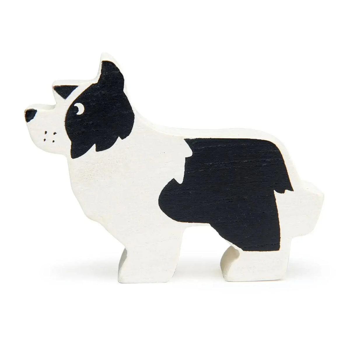 Schwarz-weisser Schäferhund als liebevoll gestaltete Holzfigur für Bauernhof und Tierwelten.