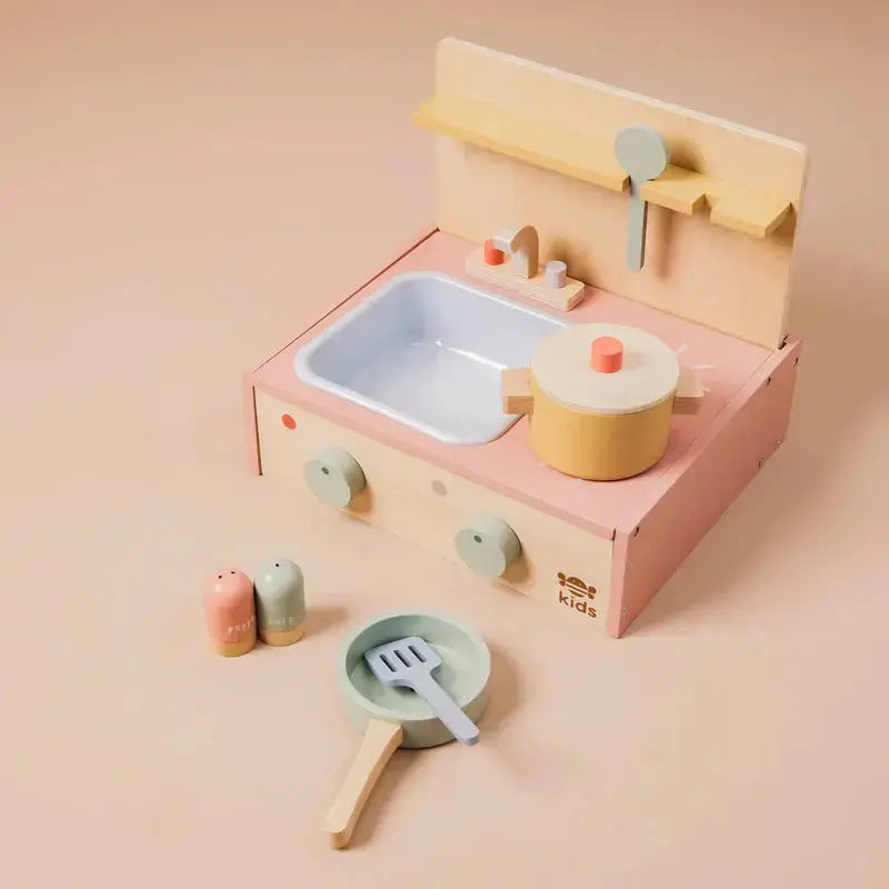 Kinder Spielküche aus Holz mit Kochzubehör und Schneidebrett