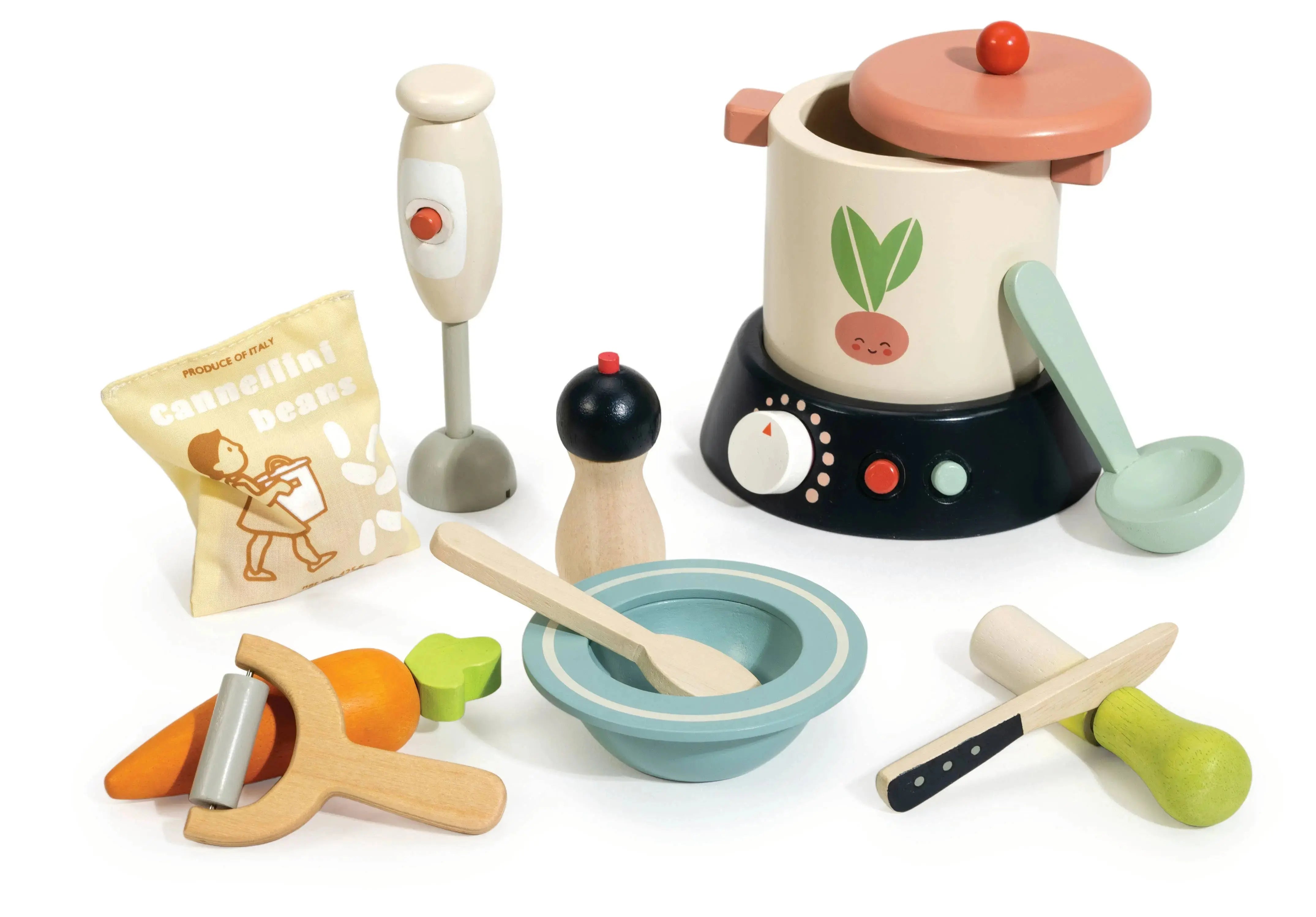 Übersicht des Suppen-Sets mit Kochtopf, Gemüse und verschiedenen Küchenutensilien aus Holz.