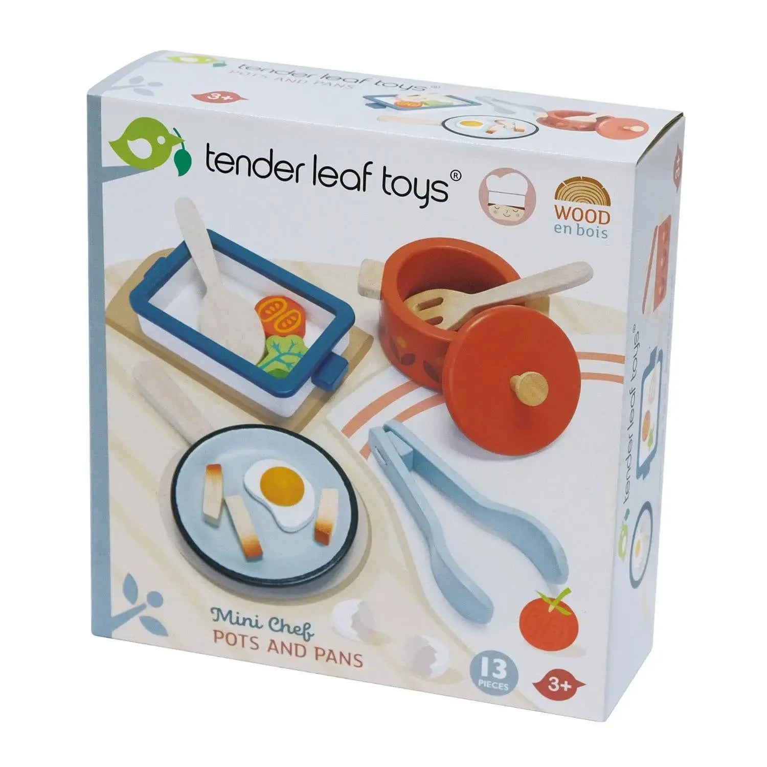 Verpackung des Kochgeschirr-Sets mit Töpfen, Pfannen und Zubehör aus Holz.