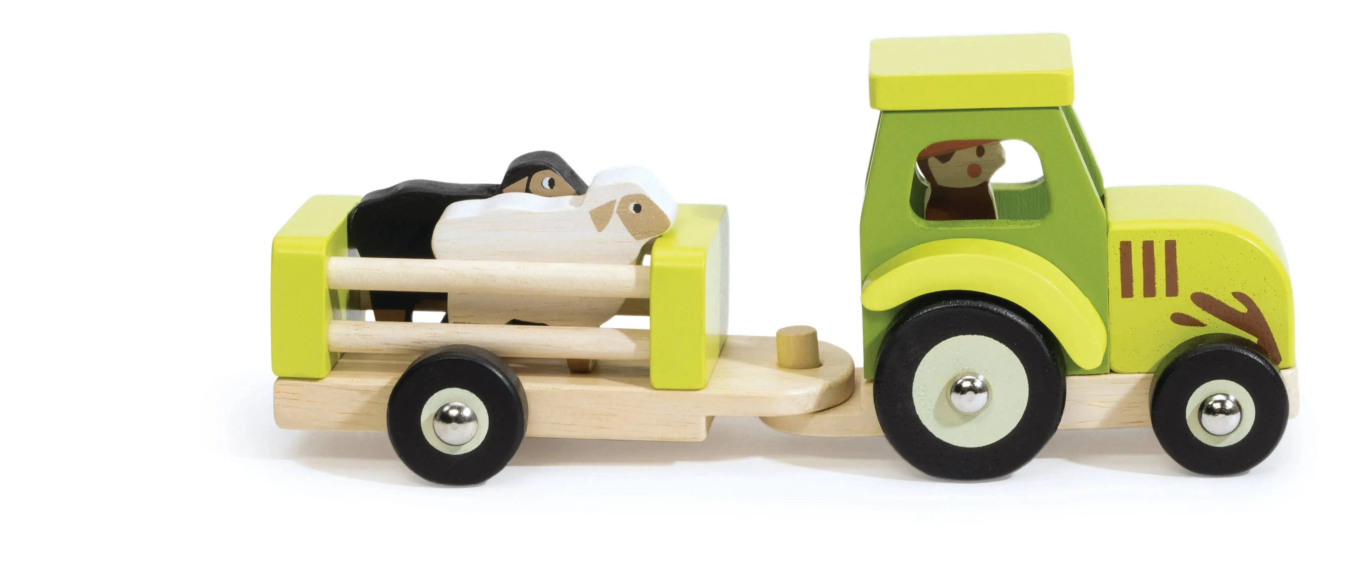 Grüner Holz Traktor mit Anhänger und Bauernhoftieren