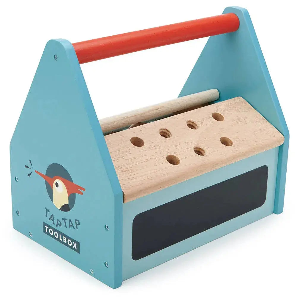 Werkzeugkasten aus Holz mit eingesetzter Bauplatte zum Schrauben und Konstruieren.