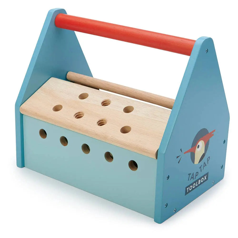 Seitenansicht des Werkzeugkastens aus Holz mit Tragegriff und herausnehmbarer Bauplatte.