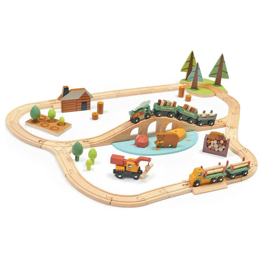 Abenteuer Eisenbahn-Set aus Holz mit Schienen, Zug, Fahrzeugen, Bäumen und Zubehör