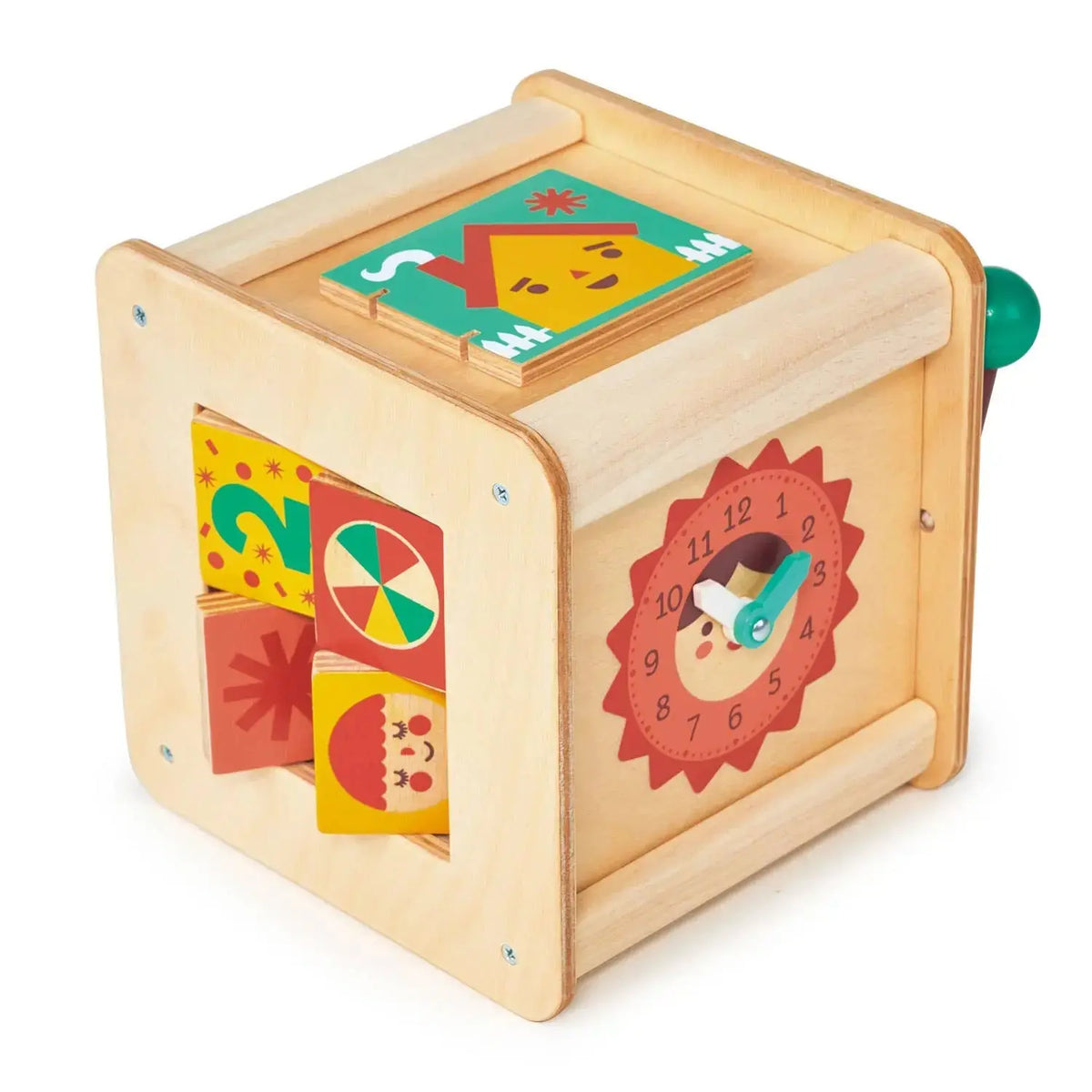 Aktivitätswürfel aus Holz mit Formensortierer und verschiedenen Spielelementen