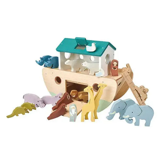 Arche Noah aus Holz mit zahlreichen Tierfiguren und aufklappbarer Arche