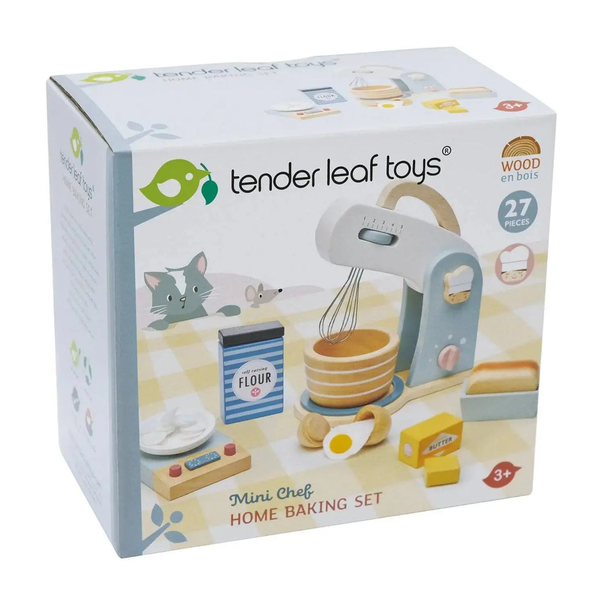 Verpackung des Backsets mit Abbildung der Küchenmaschine und des enthaltenen Backzubehörs.