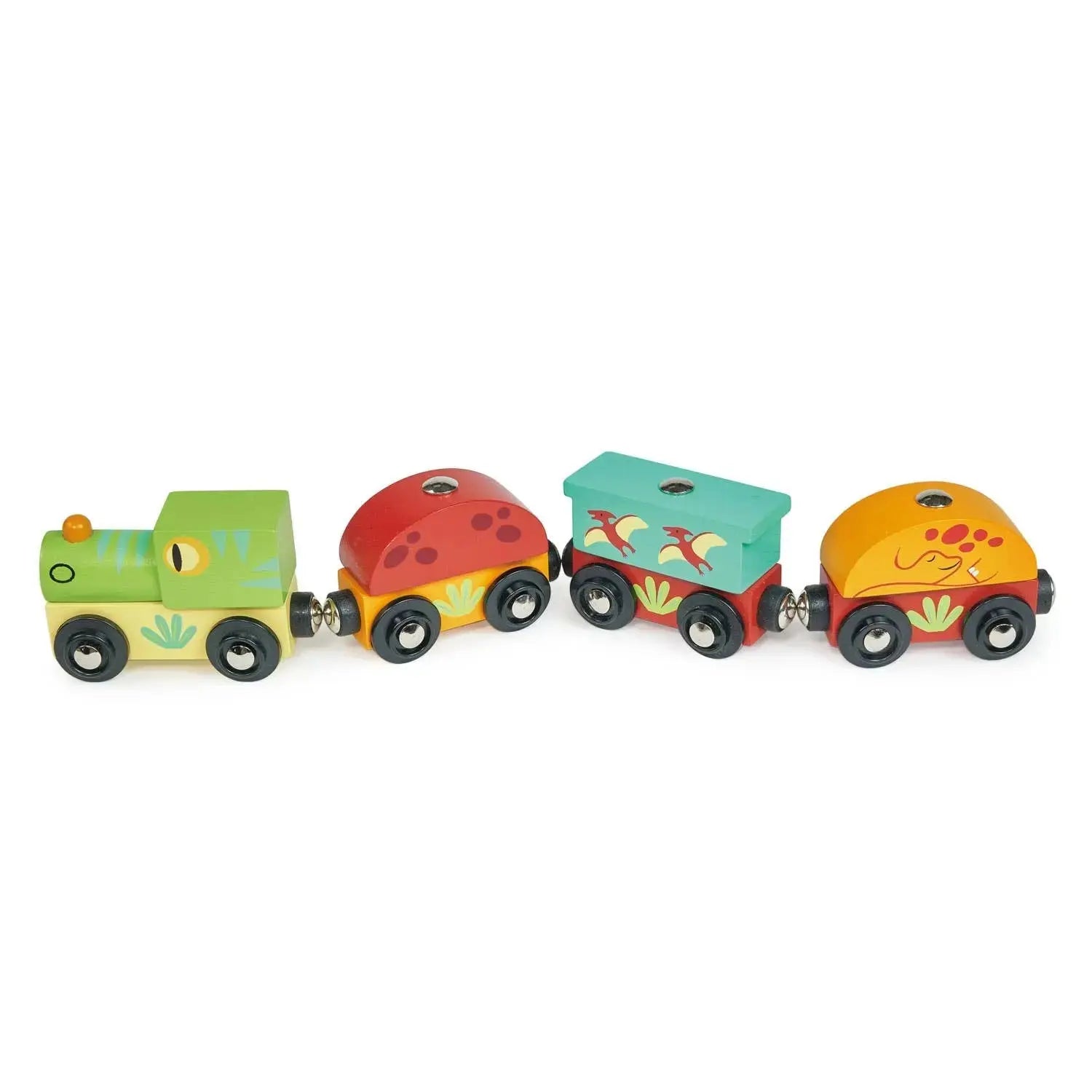 Dinosaurierzug aus Holz mit grüner Lok und drei magnetischen Wagen