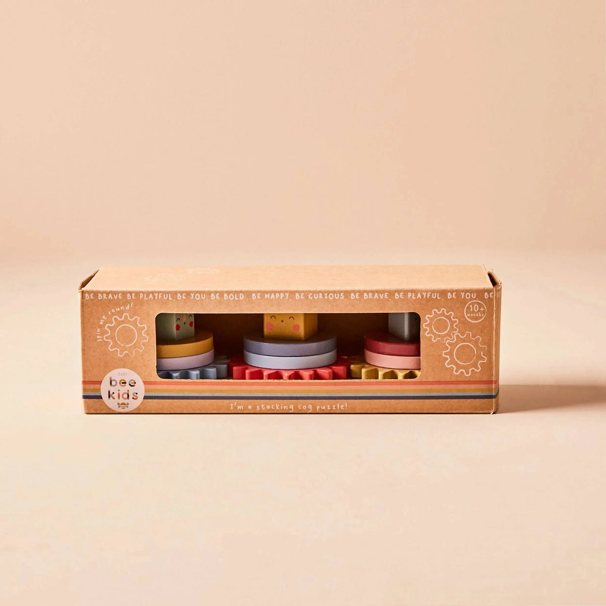 Drehzahnrad Stapelspielzeug aus Holz in der Produktverpackung