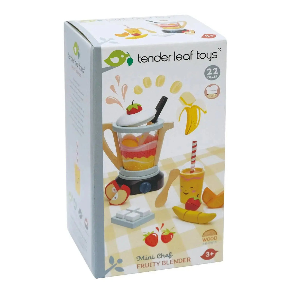 Verpackung des Fruchtmixers mit Abbildung des Mixers, der Früchte und des enthaltenen Zubehörs.