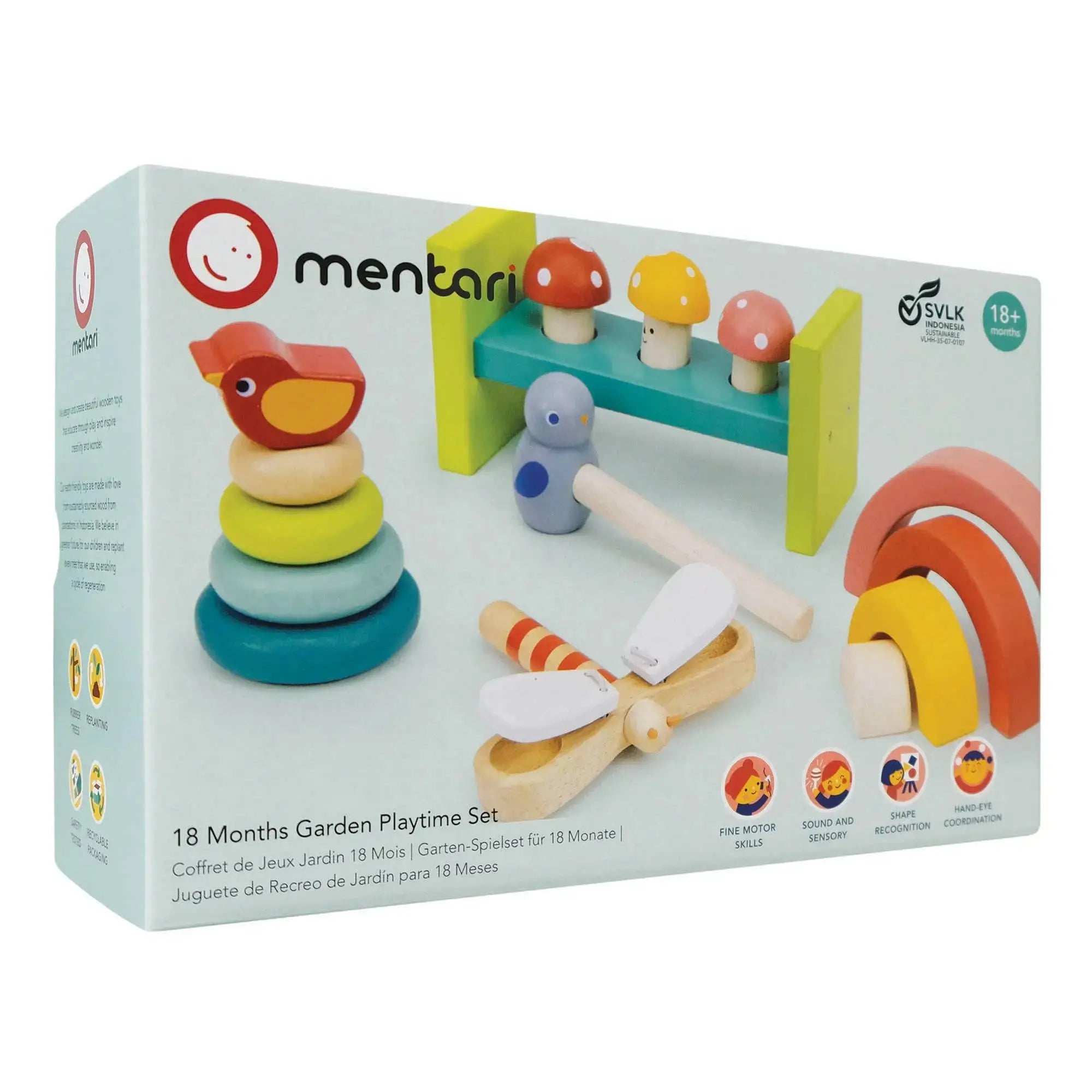 Verpackung des Gartenspiel-Sets mit Abbildung der verschiedenen enthaltenen Holzspielzeuge.