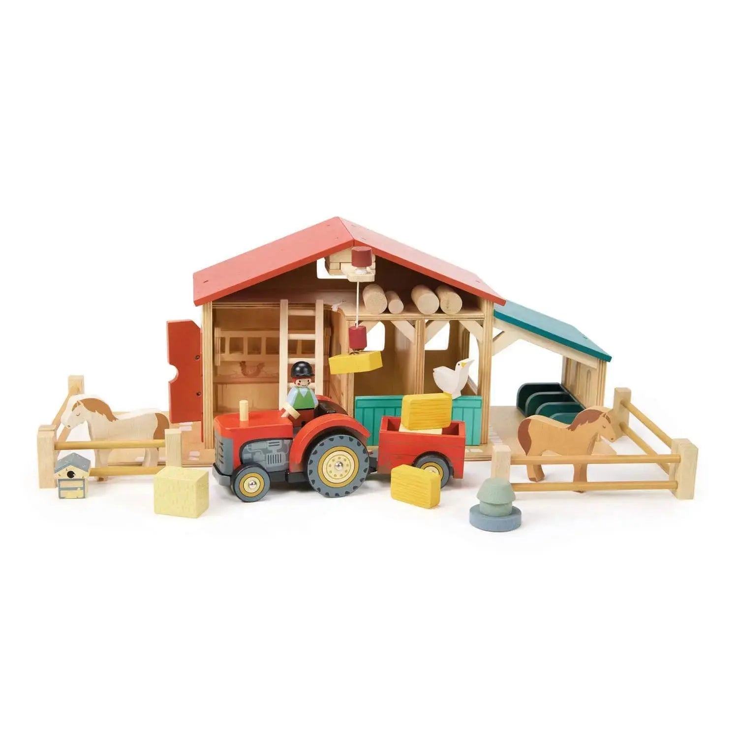 Geschenkset mit Holz Bauernhof, Traktor, Tieren und umfangreichem Zubehör