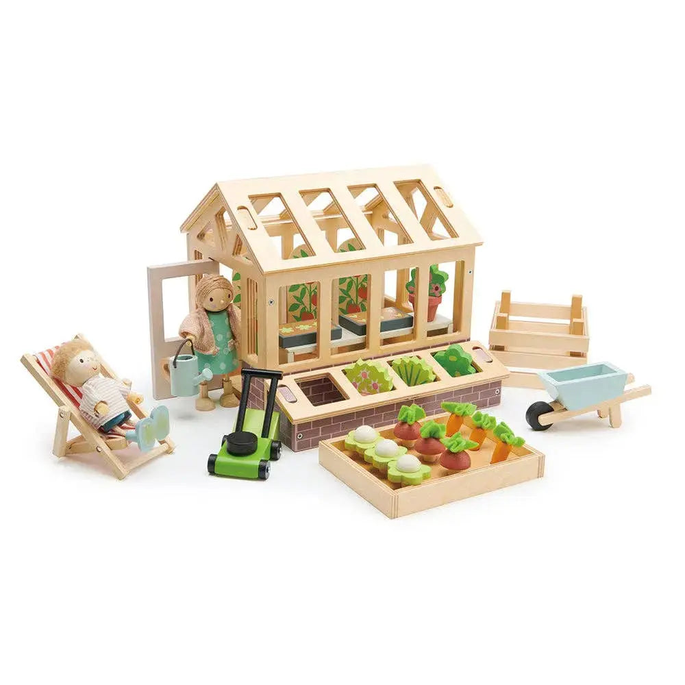 Gewächshaus Spielset aus Holz mit Gemüse, Pflanzen und Gartengeräten