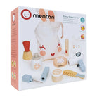 Verpackung des Häschen Schminksets mit Aufbewahrungsbeutel und den enthaltenen Holzaccessoires.