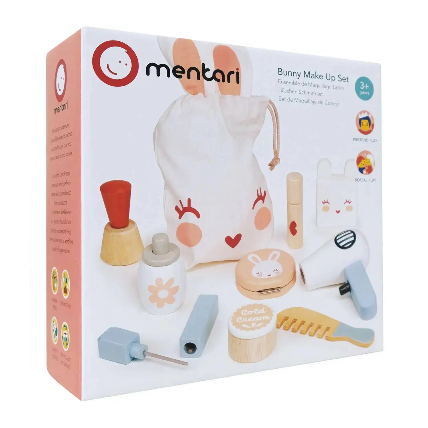 Verpackung des Häschen Schminksets mit Aufbewahrungsbeutel und den enthaltenen Holzaccessoires.
