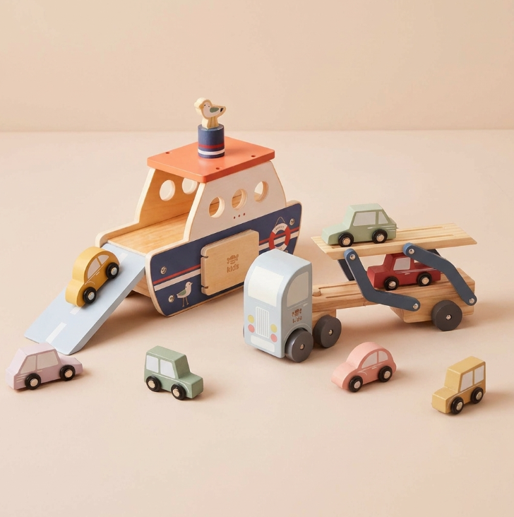 Geschenkset mit Autotransporter und einer Fähre mit Total 7 Fahrzeugen ab 12 Monaten