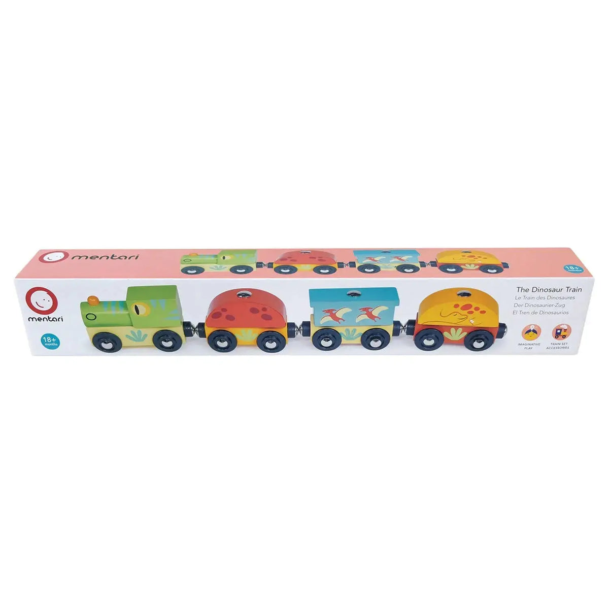 Dinosaurierzug aus Holz mit Lok und drei Wagen in der Produktverpackung