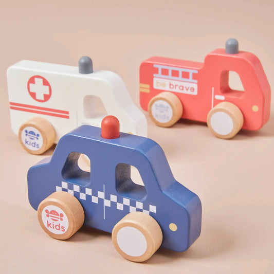 Holz Rettungsfahrzeuge Set mit Polizei, Feuerwehr und Krankenwagen
