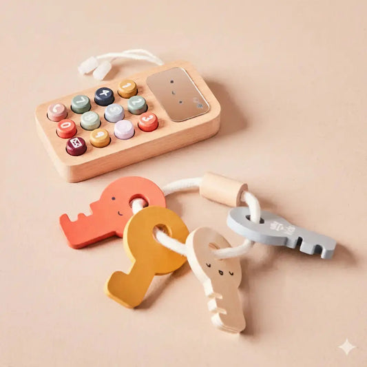 Holz Spielzeugset mit Telefon und buntem Schlüsselbund für Kinder