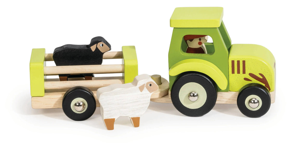 Holz Traktor mit Anhänger und Schafen als Bauernhof Spielzeug