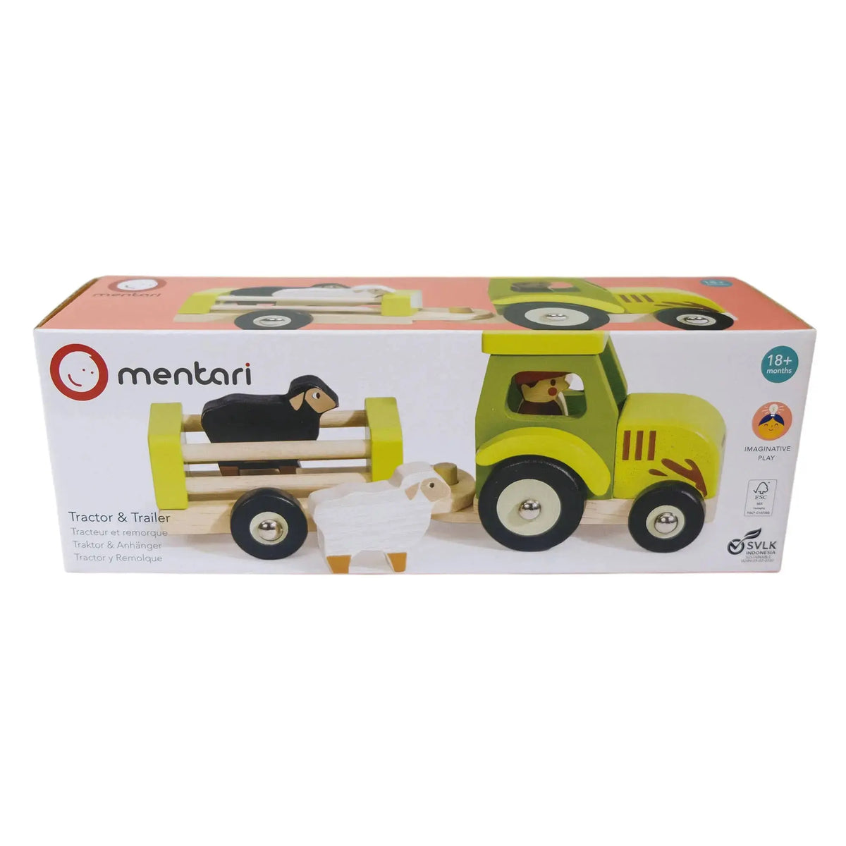 Holz Traktor mit Anhänger und Schafen in der Produktverpackung