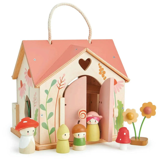 Holzpuppenhaus mit Puppenfamilie, Garten, Blumen und liebevollen Details