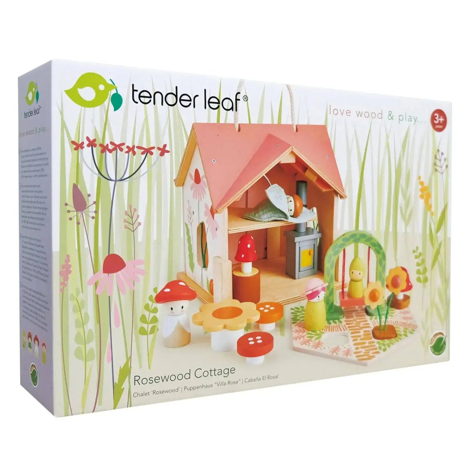Magisches Holzpuppenhaus mit Puppen und Zubehör in der Produktverpackung