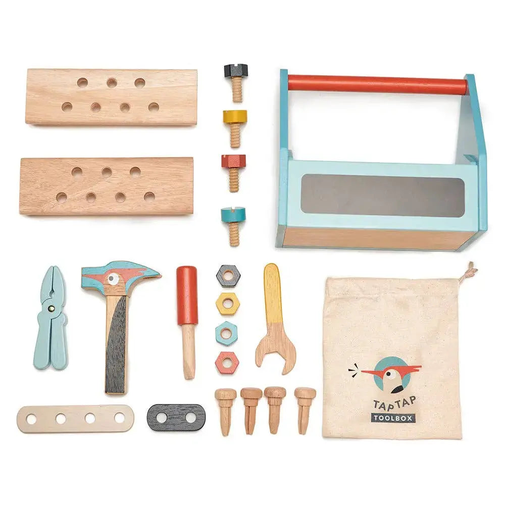 Übersicht der Werkzeuge, Schrauben, Muttern, Holzdübel und Bauplatten aus dem Werkzeugkasten.