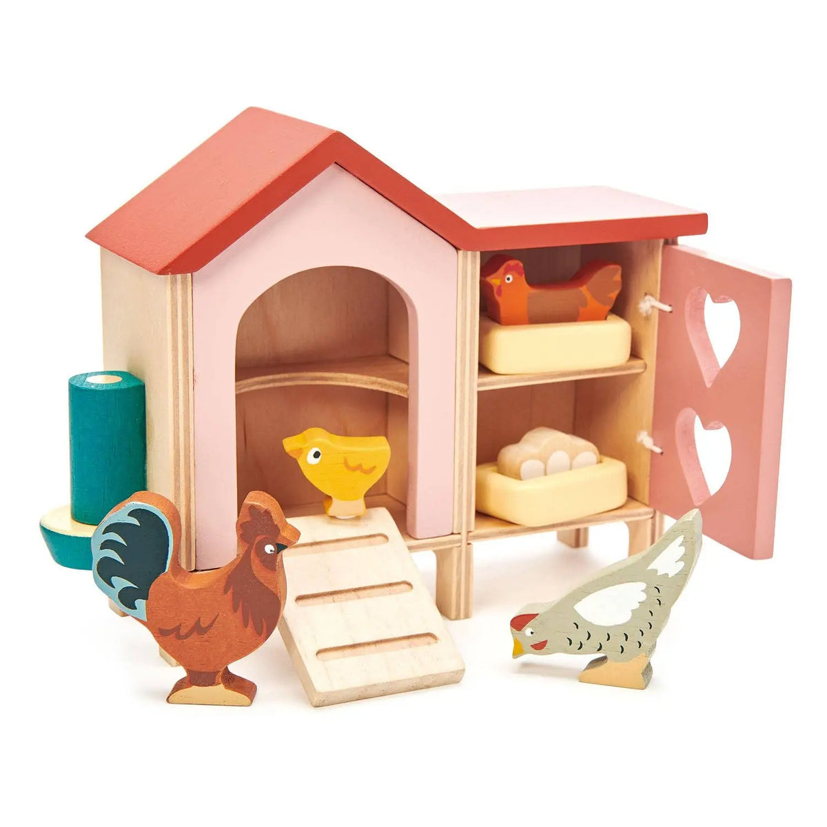 Hühnerstall aus Holz mit Hahn, zwei Hennen, Küken, Eiern, Nestern, Futtertrog und kleiner Rampe.