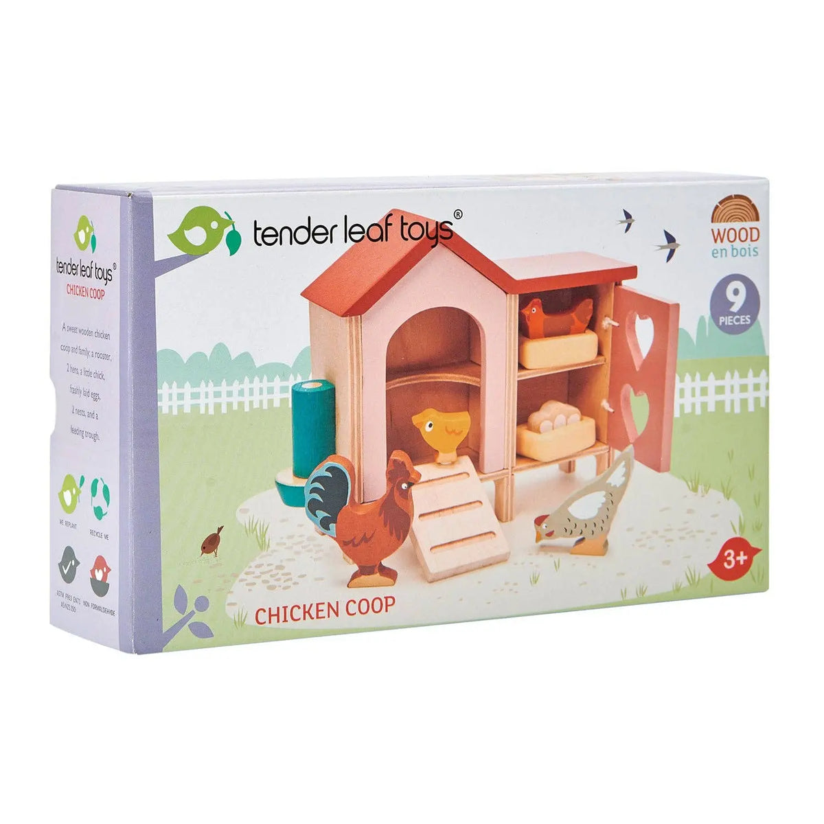 Verpackung des Hühnerstalls mit Abbildung der Hühnerfamilie, Eier und des enthaltenen Zubehörs.