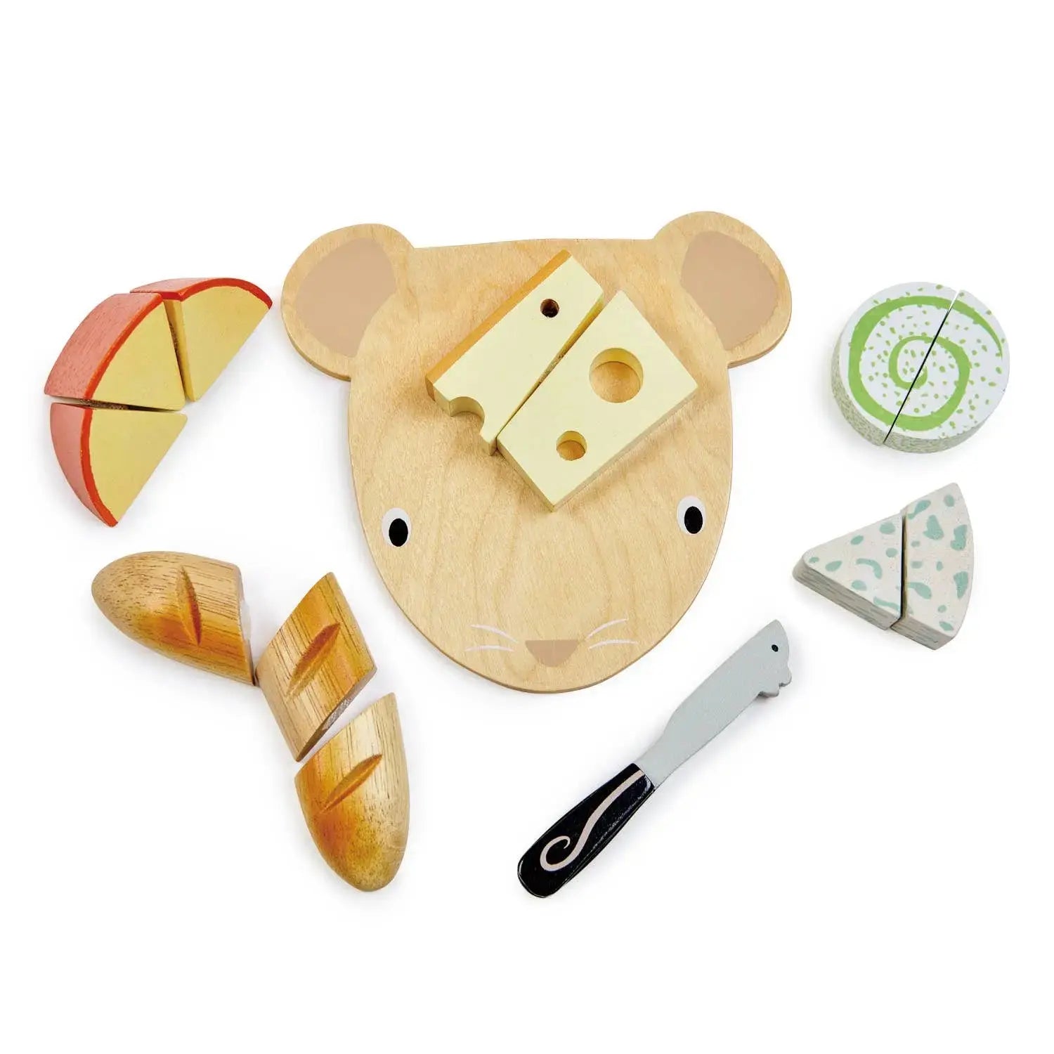 Käse-Schneidebrett in Mausform mit Holzmesser, Käse, Baguette, Trauben und weiterem Zubehör.