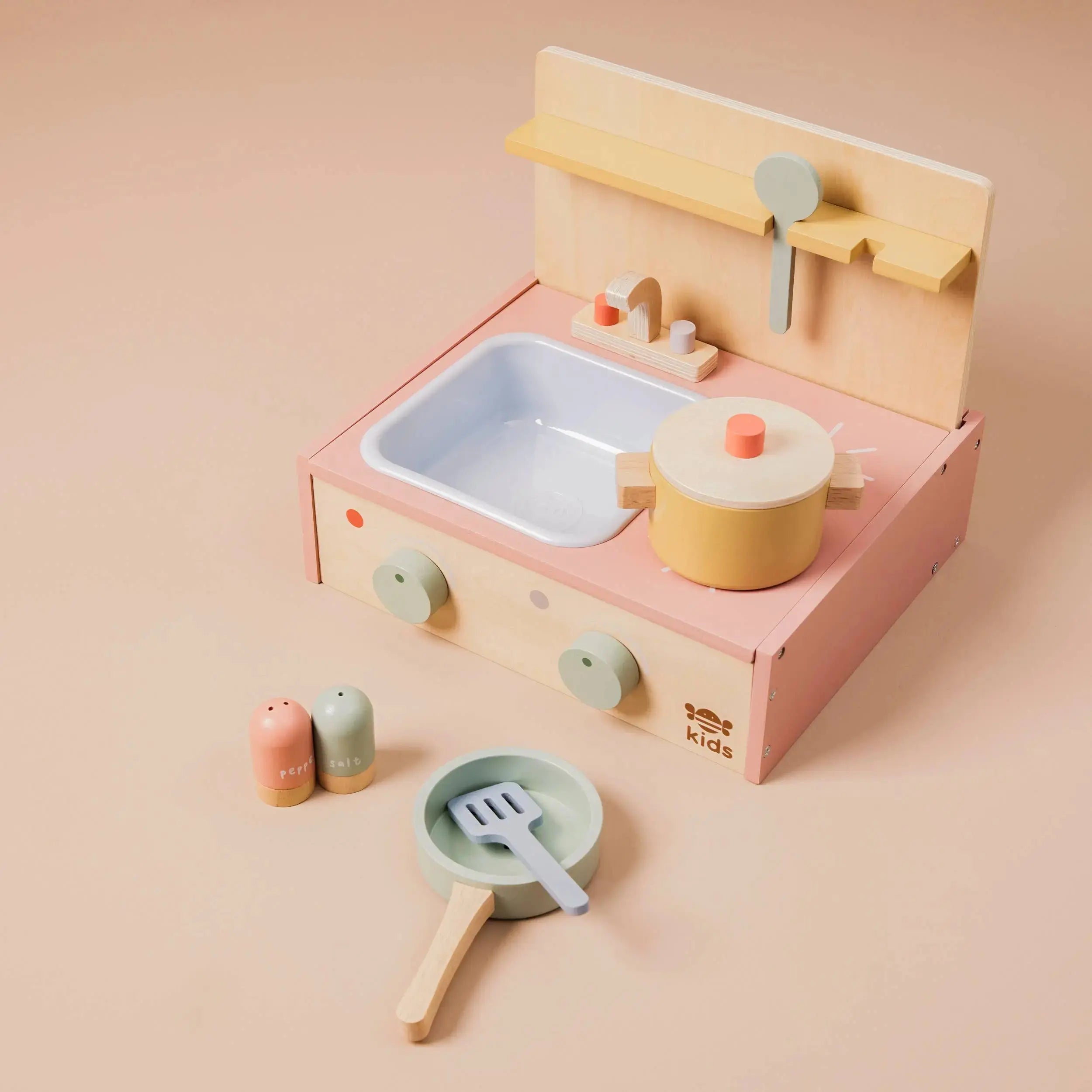 Kinder Holzspielküche mit Spülbecken, Kochfeld, Topf und Küchenzubehör