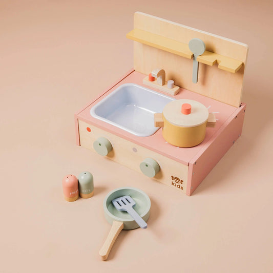 Kinder Holzspielküche mit Spülbecken, Kochfeld, Topf und Küchenzubehör