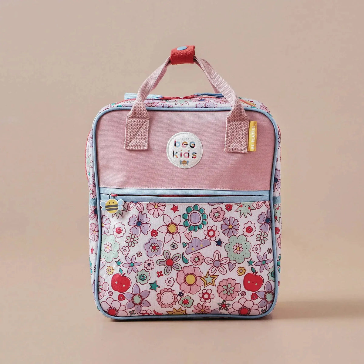 Kinderrucksack mit buntem Blumenmuster, Tragegriffen und Fronttasche