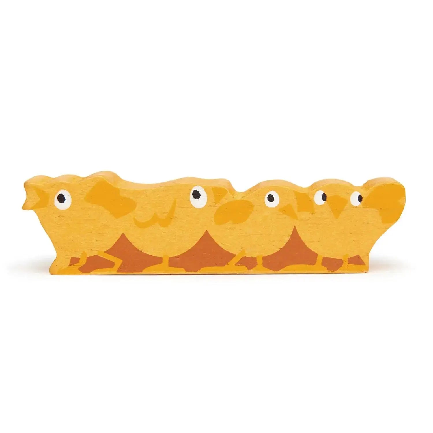 Mehrere gelbe Küken aus Holz als liebevoll gestaltete Spielfigur für Bauernhof und Tierwelten.