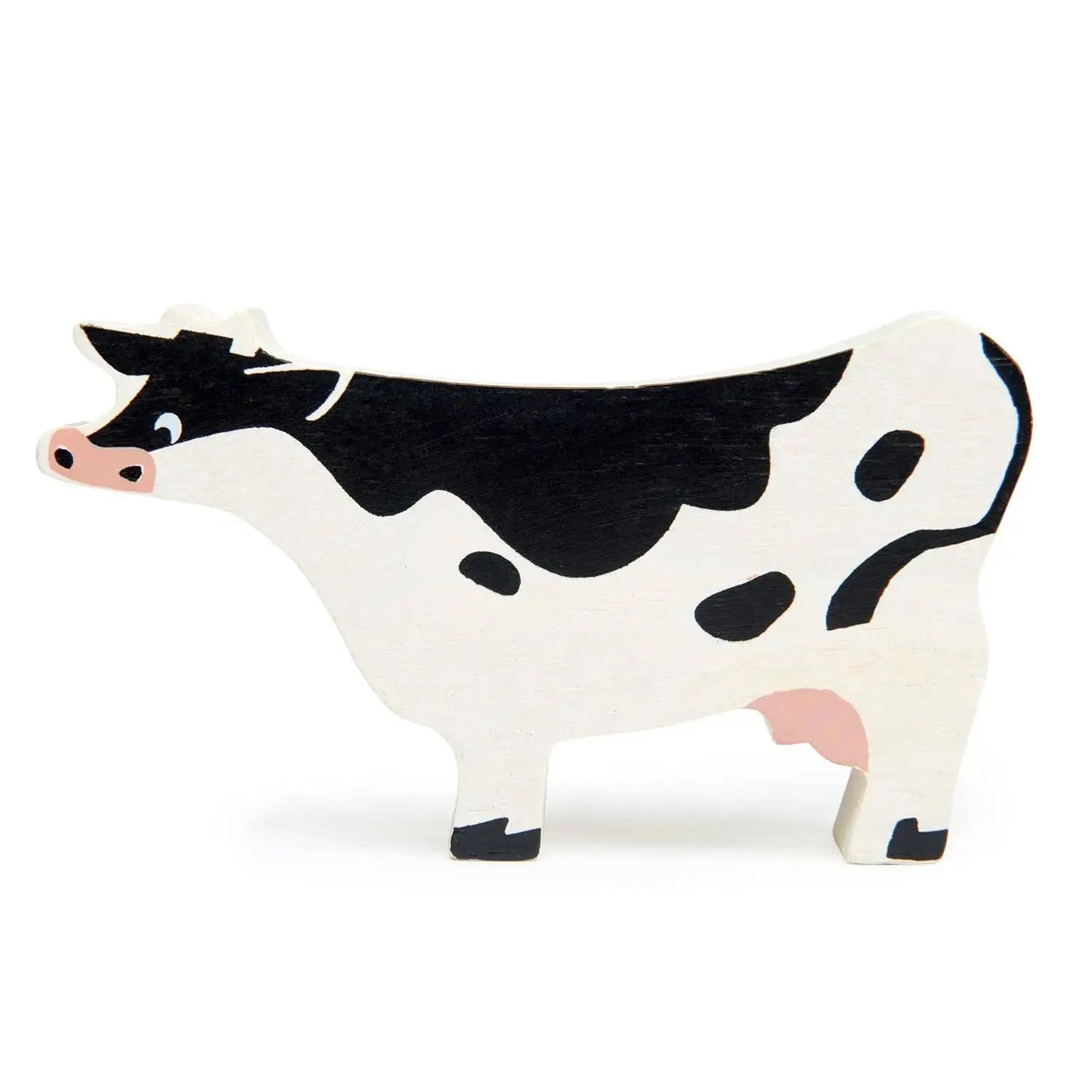 Schwarz-weisse Kuh als Holzfigur für fantasievolle Bauernhof- und Tierwelten.