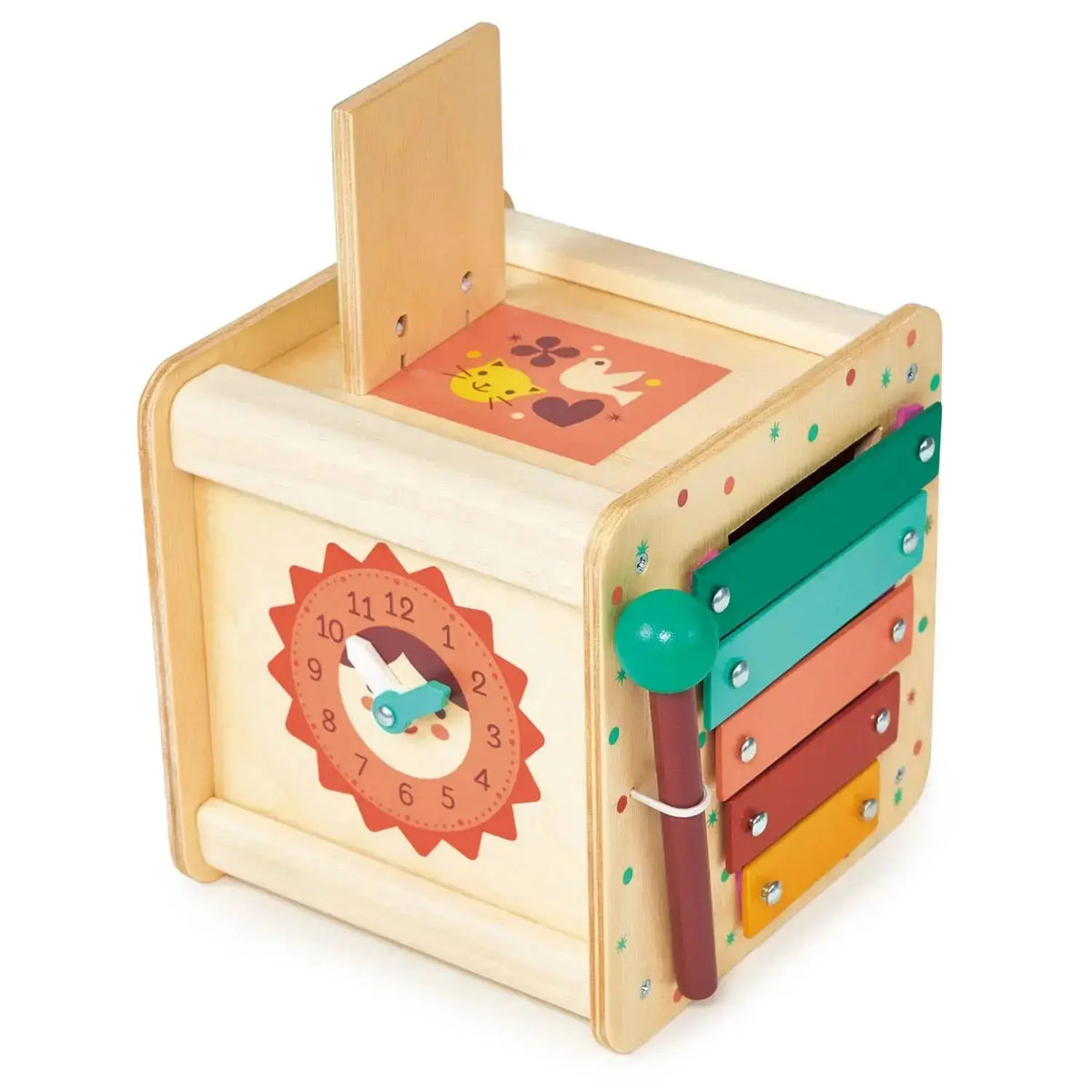 Holz Motorikwürfel mit Zahnradspiel und weiteren Aktivitäten