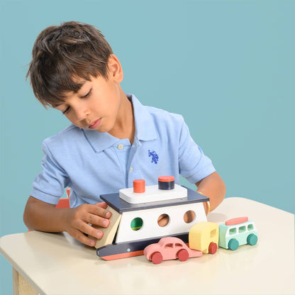 Nachhaltige Kinder Holz Autofähre mit Fahrzeugen, ab 3 Jahren