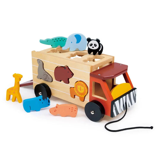 Safari Jeep aus Holz mit verschiedenen Tierfiguren zum Sortieren und Spielen